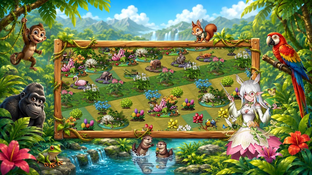 A colorful Dragon&Elfs home camp surrounded by fantasy animals and plants