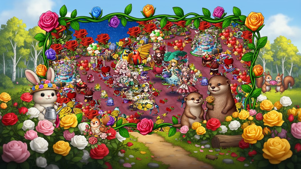 A large Dragon&Elfs home camp decorated with roses, elves and fantasy animals